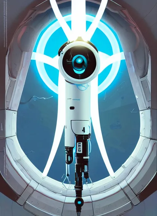 Image similar to poster artwork by Michael Whelan and Tomer Hanuka, of a product poster of the Portal Gun, from the game Portal 2, from Valve, Aperture Science, clean