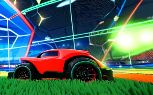 Prompt: rocket league, car soccer, boom, goal, demo, explosion, action shot, lens flares, rim light, raytracing, glow, haze, octane render, unreal engine, cinematic angle, dramatic lighting