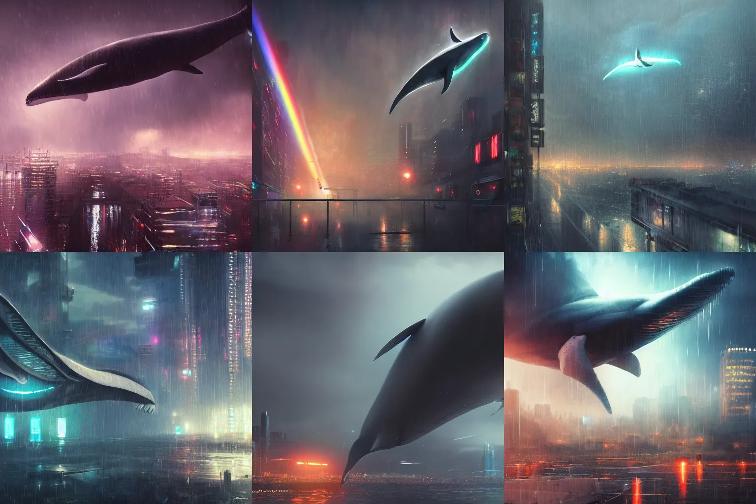 Prompt: matte painting of a giant robot whale flying over a rainy cyberpunk city, night, dramatic lighting, dark rainbow, high angle, Greg Rutkowski, Darek Zabrocki, trending on artstation