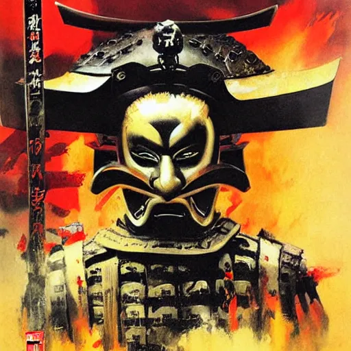 Prompt: samurai mask on hell by by john berkey and mario feng