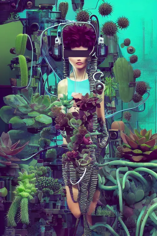 Prompt: epic 3 d abstract female mechanic, 1 6 mm, plum and teal peanut butter melting smoothly into asymmetrical succulents and cacti, thick wires looping, wavy, kinetic, floating vr headsets, houdini sidefx, artstation, by jeremy mann, ilya kuvshinov, jamie hewlett and ayami kojima