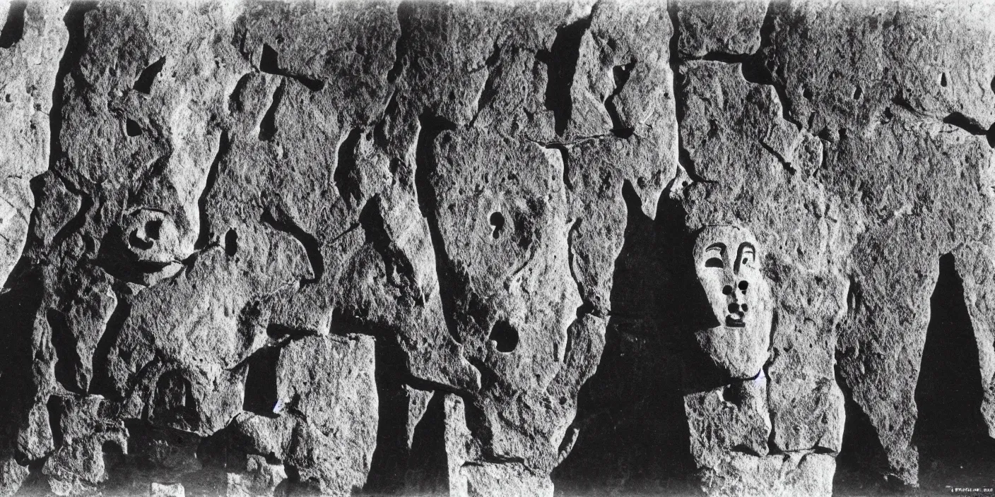 Prompt: photography of petroglyphs of alpine tyrolean masks, dolomites in background, 1. 2 f, 3 5 mm, dark, eerie, 1 9 2 0 s ghost photography