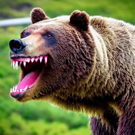 Image similar to close up of bear with and open mouth 3 ribs in between its teeth, frightening, disturbing