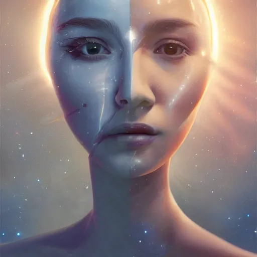 Prompt: 3 d, sci - fi, close - up, night, smiling fashion model full face, cinematic, moon rays, clouds, vogue cover style, blue mood, realistic painting, intricate oil painting, high detail illustration, figurative art, multiple exposure, poster art, 3 d, by tooth wu and wlop and beeple and greg rutkowski