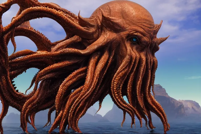 Image similar to giant Cthulhu, high definition, photorealistic, long shot, epic, horizon mountain over water