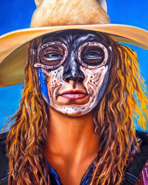 Image similar to oil painting portrait of cowgirl with half of her face burned and one blind eye, high production value, intricate details, high resolution, hdr, high definition, masterpiece, realistic, ultrarealistic, highly detailed, hd, sharp focus, non blurry, sharp, smooth