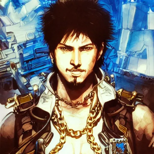 Image similar to portrait of a hero holding his sword in front of his face by yoji shinkawa, high quality, extra details, realism, ornate, colored, golden chain, blood, white skin, short hair, brown eyes, vivid, sunlight, dynamic, american man, freedom