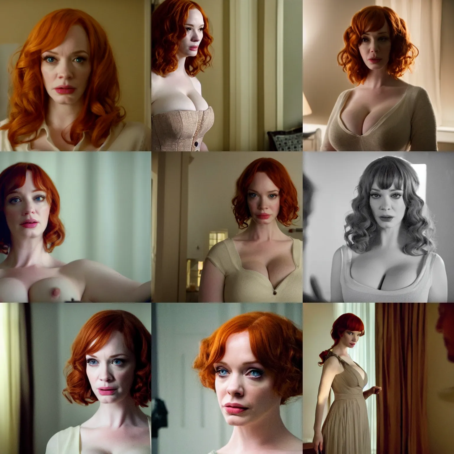 Prompt: amazing beautiful christina hendricks with an amazed look on her face in the living room, film still from the movie directed by denis villeneuve, wide lens