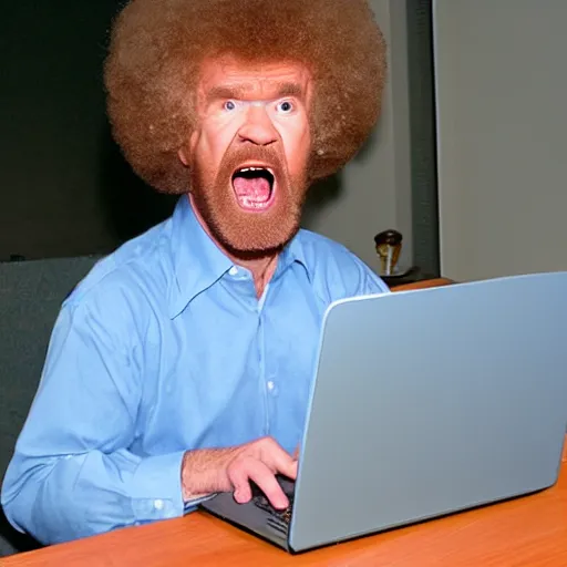 Image similar to angry bob ross screaming at his laptop