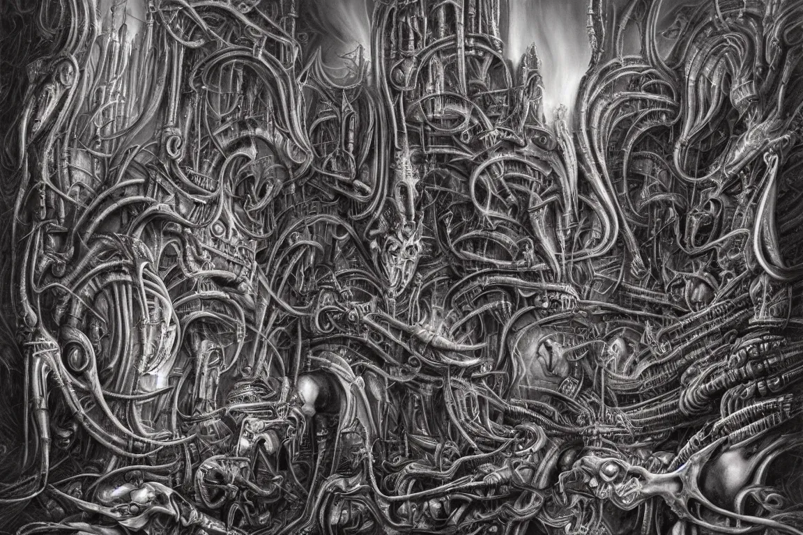 Image similar to A very detailed nightmarish dreamscape with surreal architecture, surrealism, monochromatic airbrush painting, style of H. R. Giger