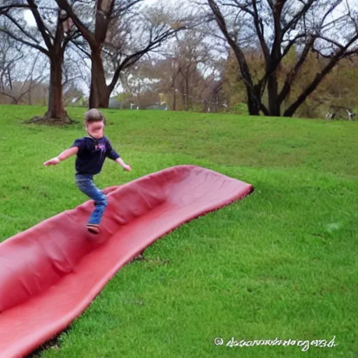 Image similar to kid going down chocolate pudding slip n slide head first, photo taken at the park