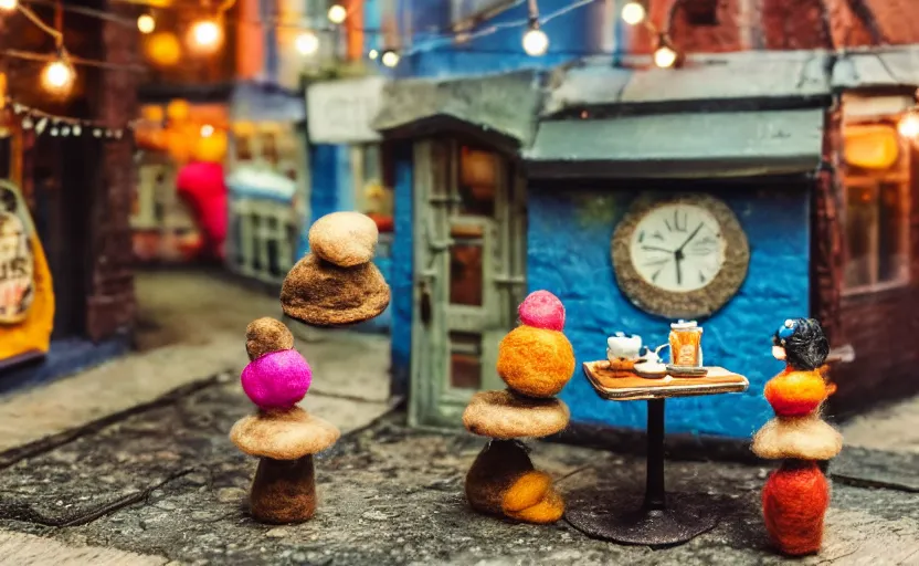 Prompt: miniature cafe diorama, macro photography, cafe with felted cookie monsters on a date, alleyway, ambient, atmospheric, british, cozy, bokeh, romantic, colorful lanterns