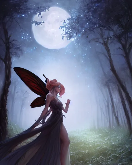 Image similar to attractive fairy goddness fly high in the night, d & d, fantasy, mist, full moon in background, trees, hyper detailed, art by artgerm and greg rutkowski and magali villeneuve, midium shot, 8 k realistic, cryengine, digital painting, trending on artstation, concept art, sharp focus, illustration,