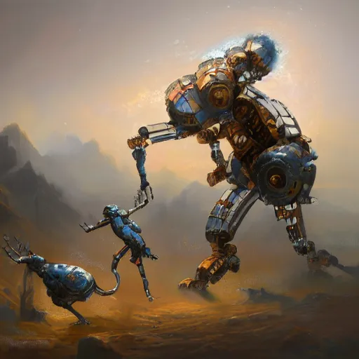 Prompt: two Artificial Intelligence fighting with brushes on a canvas to create the most beautiful painting ever, oil painting, digital art, trending on artstation, highly detailed, 8k,