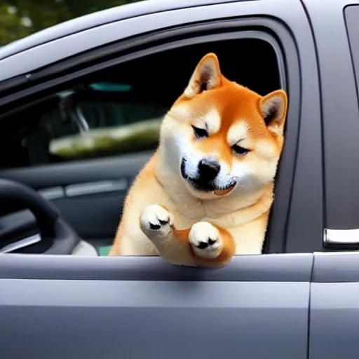 Prompt: shiba inu driving a car