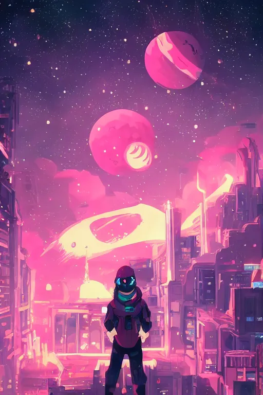 Prompt: cute small space ghost among the stars, neon city in the background, anime art style, highly detailed, 16 bit artstyle, featured on Artstation