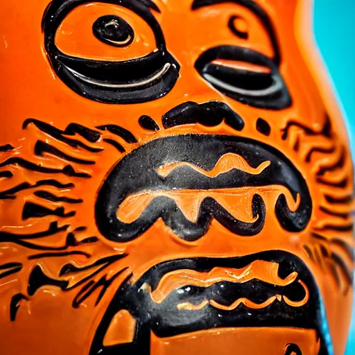 Image similar to a closeup photorealistic photograph of an orange cat garfield style tiki mug at a trader vic's bar with garfield's face on the front. tiki party. bright scene. fine detail. this 4 k hd image is trending on artstation, featured on behance, well - rendered, extra crisp, features intricate detail, epic composition and the style of unreal engine.