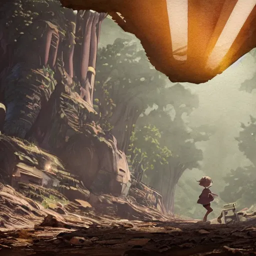 Image similar to incredible wide screenshot, ultrawide, simple watercolor, rough paper texture, made in abyss movie scene, backlit distant shot of girl in a parka running from a giant moster invasion side view, yellow parasol in deserted dusty shinjuku junk town, broken vending machines, bold graphic graffiti, old pawn shop, bright sun bleached ground, mud, fog, dust, windy, scary robot monster lurks in the background, ghost mask, teeth, animatronic, black smoke, pale beige sky, junk tv, texture, dusty, dry, pencil marks, genius party,shinjuku, koji morimoto, katsuya terada, masamune shirow, tatsuyuki tanaka hd, 4k, remaster, dynamic camera angle, deep 3 point perspective, fish eye, dynamic scene