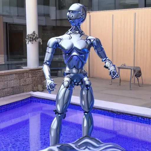 Image similar to twitch streamer / gamer ludwig, ice statue, blank stare, a realistic detailed photo of a guy who is an attractive humanoid who is half robot and half humanoid, by the pool, posing like a statue, showing off his muscles, made of ice, shiny skin, on display, who is a male android, humanoid robot