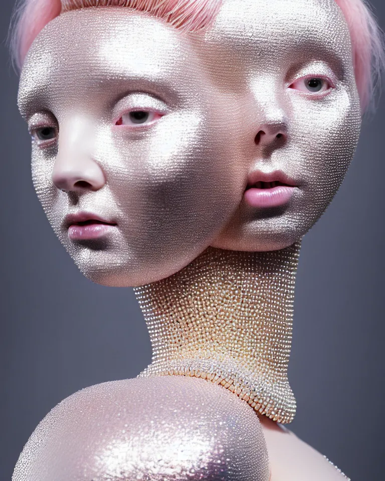 Prompt: portrait of a ethereal byzantine goddess wearing a big pearl studded iridescent beauty mask and pink hair buns, wearing a black bodysuit by alexander mcqueen, cream white background, soft diffused light, biotechnology, humanoid robot, perfectly symmetric, bjork aesthetic, translucent, by rineke dijkstra, intricate details, highly detailed, masterpiece,