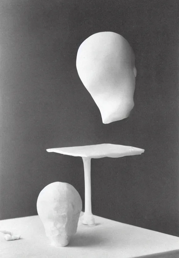 Prompt: a white object with writing on it sitting on a table, a surrealist sculpture by marcel duchamp, archival pigment print, 1 9 1 4, conceptual art, artwork, academic art, surrealist