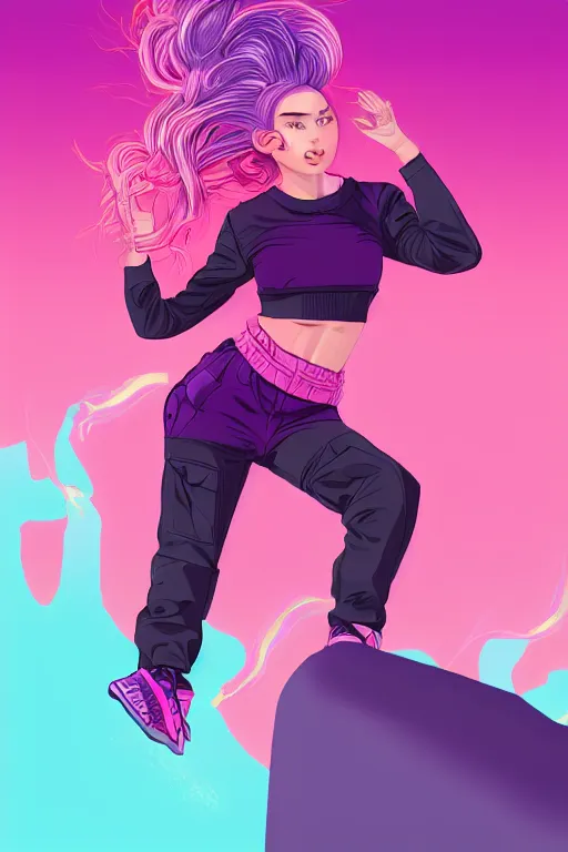 Image similar to a award winning half body porttrait of a beautiful woman in a croptop and cargo pants with ombre purple pink teal hairstyle with head in motion and hair flying, outrun, vaporware, shaded flat illustration, digital art, trending on artstation, highly detailed, fine detail, intricate