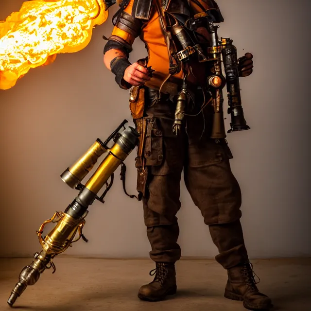 Prompt: full length photo of a beautiful dieselpunk warrior with a flamethrower, 8 k, hdr, smooth, sharp focus, high resolution, award - winning photo