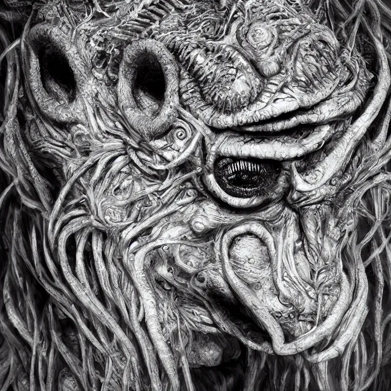 Image similar to surreal spinal ribbed tribal exotic organic face portrait of a beautiful alien animal creature monster, beautiful detailed intricate insanely detailed BW 3D render digital art, octane render, 8K artistic photography, photorealistic