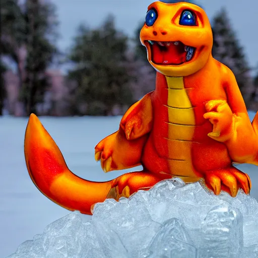 Prompt: ice sculpture of charmander, photography