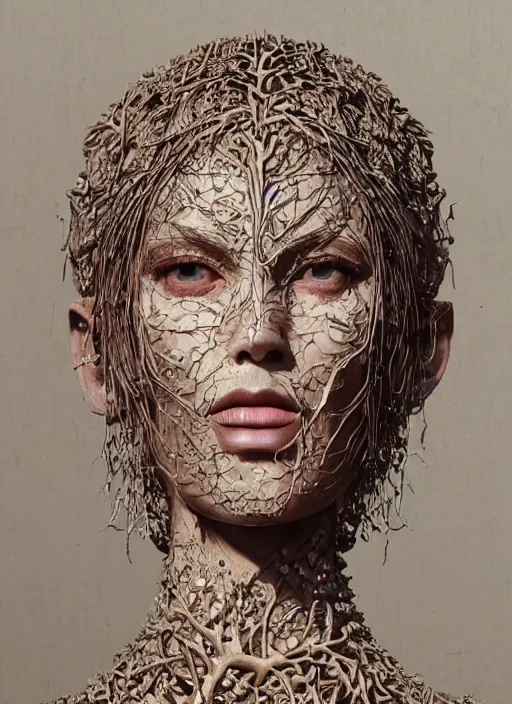 Prompt: sculpture made of wood, portrait, female, tree, future, shaman, harper's bazaar, vogue, magazine, insanely detailed and intricate, concept art, close up, ornate, luxury, elite, elegant, trending on artstation, by ruan jia, by Kenneth Willardt, by ross tran, by WLOP, by Andrei Riabovitchev,