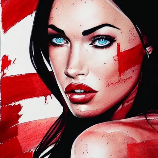 Prompt: “Beautiful Megan Fox Red pencil paintings, red white colors, ultra detailed portrait, 4k resolution”