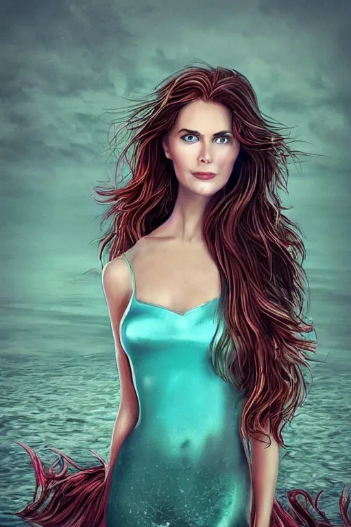 Image similar to mix of beautiful young maria shriver, mariel hemmingway, brooke shields, nicole kidman and elle macpherson as a mermaid, thin lips, hair tied up in a pony tail, dark hair, colorful, artstation, cgsociety