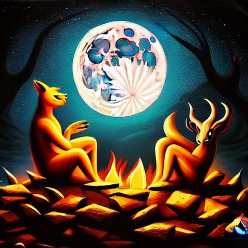 Image similar to strange mythical beasts of sitting around a fire under a full moon, surreal dark uncanny painting by ronny khalil