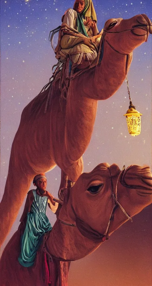 Image similar to an arabian merchant rides her camel in the desert at night, soft glow from a lantern, moon and stars in night sky, stunning, detailed oil paint