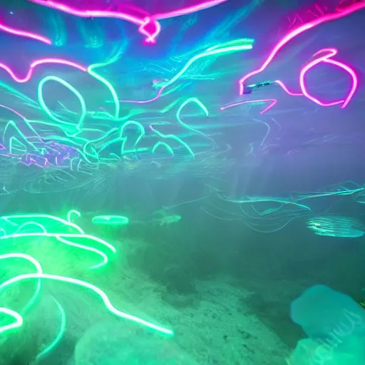 Image similar to an underwater alien ocean, filled with bioluminescence, twirling glowing sea plants, neon colors, and a mystical misty glow, ethereal