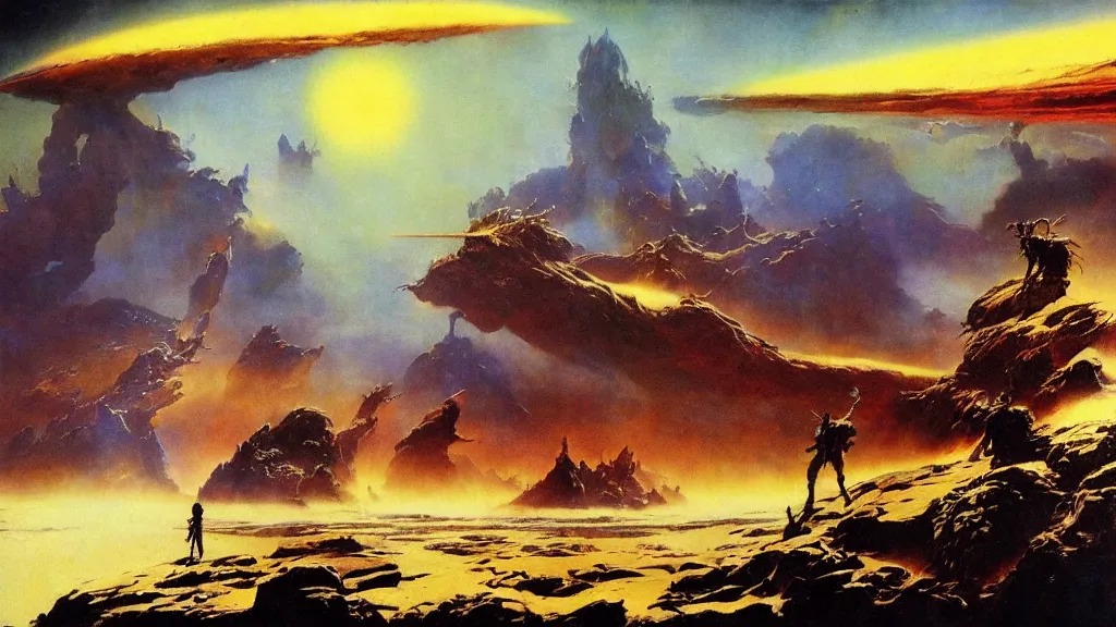 Image similar to journey to the end of the universe by frank frazetta and bruce pennington, cinematic matte painting