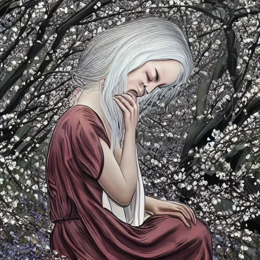 Prompt: a crying woman in a white gown kneeling at a beautiful shrine under a cherry blossom tree, rainy wet, ultradetailed, hd 8 k, illustration, aaron horkey