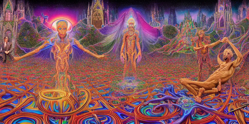 Prompt: hyper detailed portrait of a dmt time elf interacting with a psychedelic traveler, dmt portrait of benevolent time elves sharing their soul frequency, cathedral background, masterpiece composition, 8 k resolution, ultra fine illustration, alex grey, todd schorr, casey weldon, tokio aoyama, highly detailed,