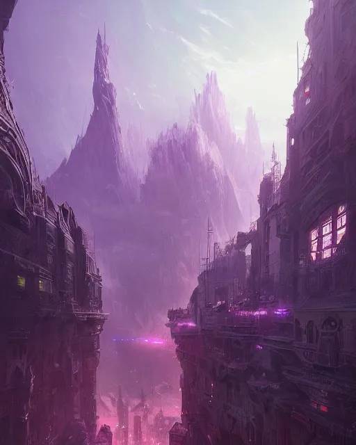 Image similar to a beautiful city landscape, alien architecture, purple, environment art, fantasy art, landscape art, in the style of greg rutkowski, illustration, epic, fantasy, intricate, hyper detailed, artstation, concept art, smooth, sharp focus, ray tracing