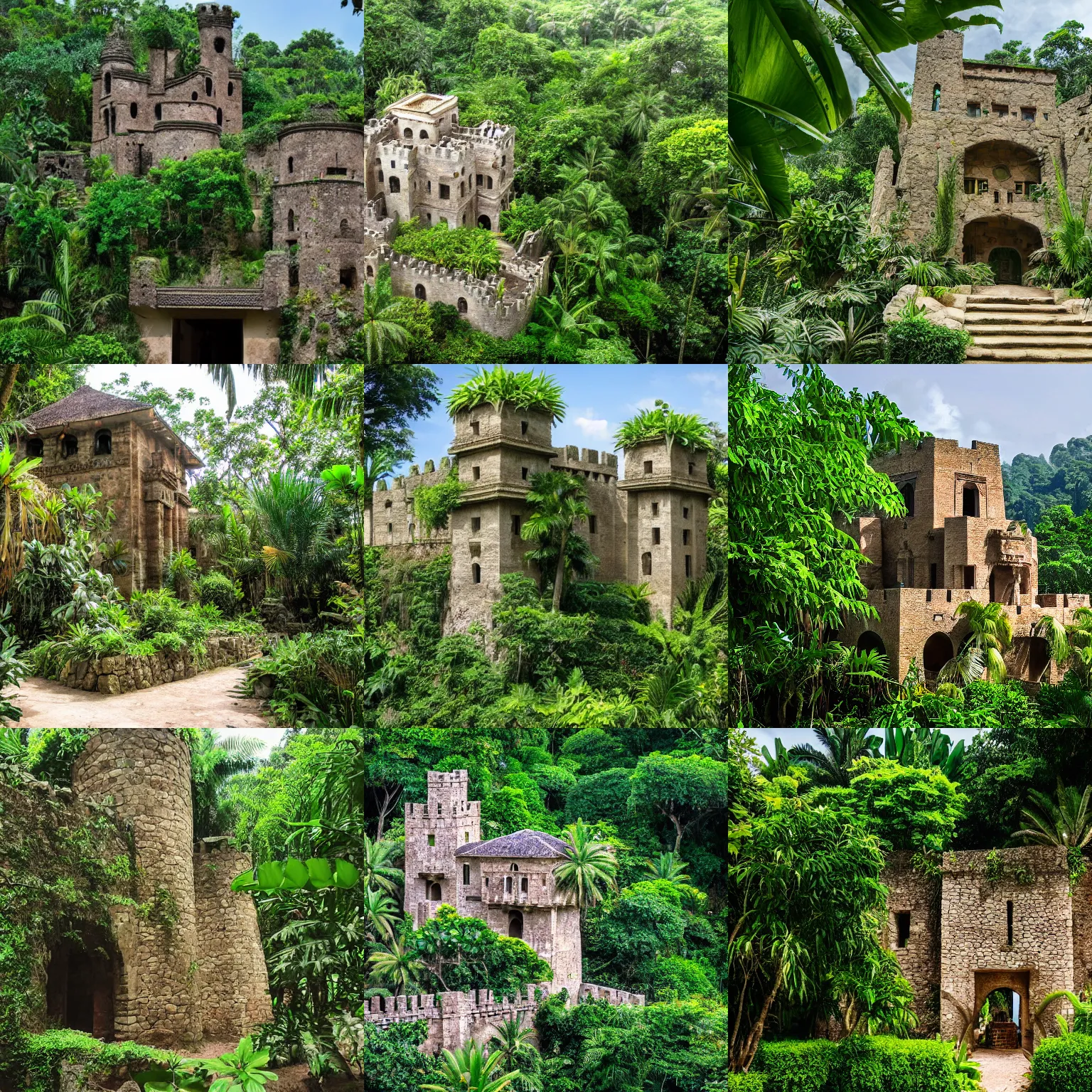 Prompt: a stone castle in the lush equatorial jungle. the architecture is a blend of middle eastern, spanish colonial, and aztec styles