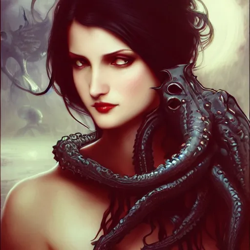 Prompt: picture of a sexy female vampire speaking with cthulhu, intricate, elegant, highly detailed, digital painting, artstation, concept art, smooth, sharp focus, illustration, art by artgerm and greg rutkowski and alphonse mucha and william - adolphe bouguereau