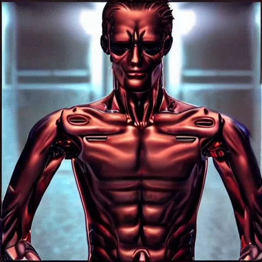 Image similar to “a realistic detailed photo of a guy who is the terminator, who is a male android, Bryce Hall, shiny skin, red eyes, posing like a statue, blank stare”