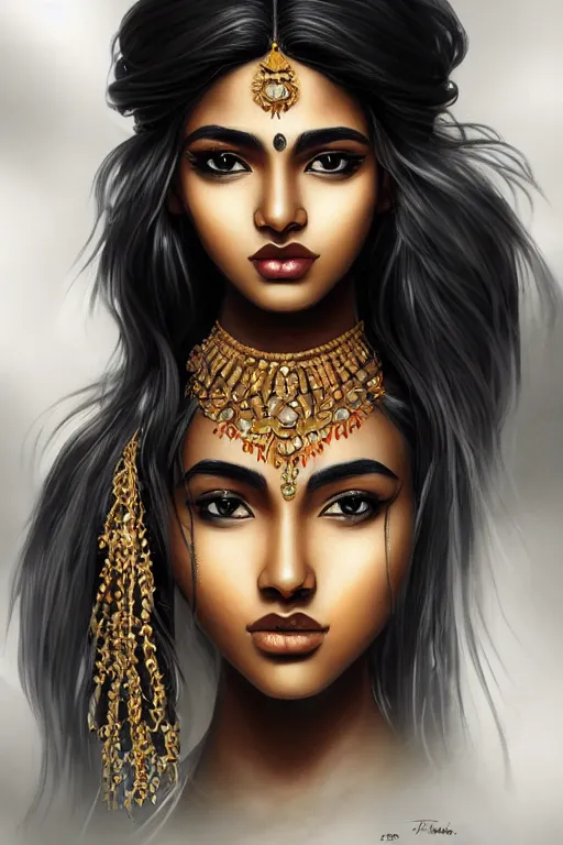 Image similar to A bust of a beautiful black skinned Indian girl with large lips and smooth eyebrows and straight hair, HD, illustration, epic, fantasy, intricate, elegant, amazing detail, digital painting, artstation, concept art, smooth, sharp focus, illustration, art by Turine Tran
