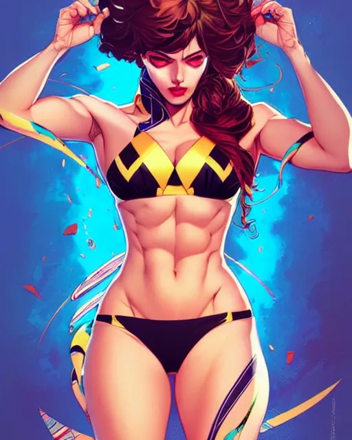 Prompt: artgerm, joshua middleton and sandra chevrier comic cover art, prettyanime girl in bikini, symmetrical eyes, scales, beautiful, rim lighting, vivid colors