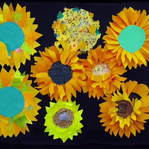 Prompt: Tissue paper Sunflowers in a meadow of collaged textiles