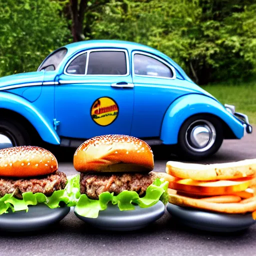 Image similar to a blue beetle car with burgers for wheels m - w 7 6 8