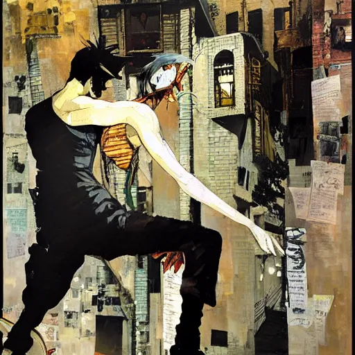 Image similar to the unforgivable sailor named ( corto maltese ) dreaming about the forbidden streets of valparaiso and its tango feelings, oil on canvas by dave mckean and yoji shinkawa