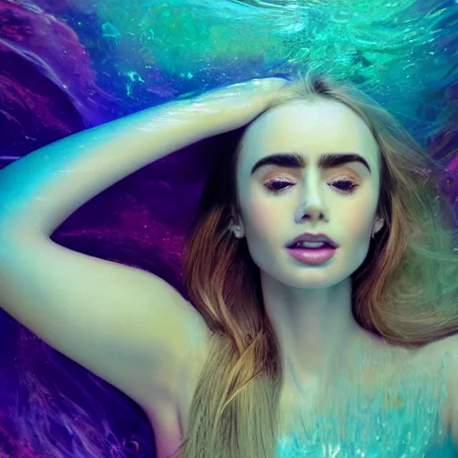 Image similar to portrait of a beautiful blonde girl lily collins, floating under the deep dream water, beautiful smooth soft light + white petal, by personal photography, art by brookskim, closeup, 4 k, highly detailed, instagram,