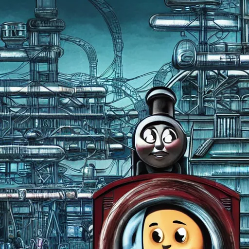 Image similar to thomas the tank engine in biopunk style