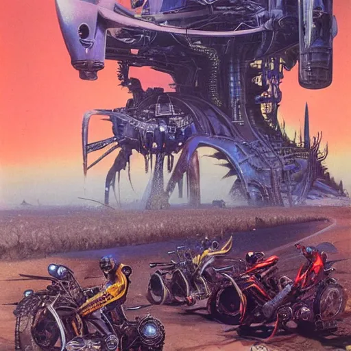 Image similar to infernal motorbiker, vintage sci - fi art, by bruce pennington